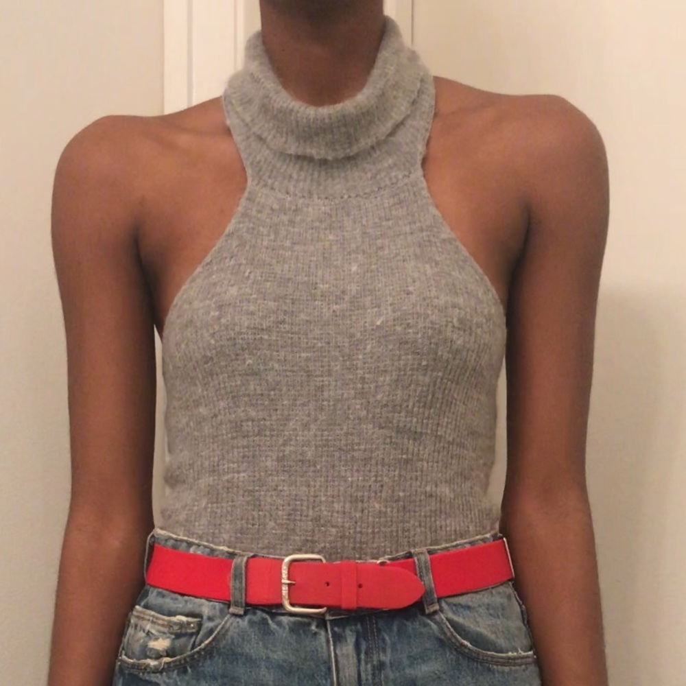 Fuzzy gray halter/turtle neck bodysuit
